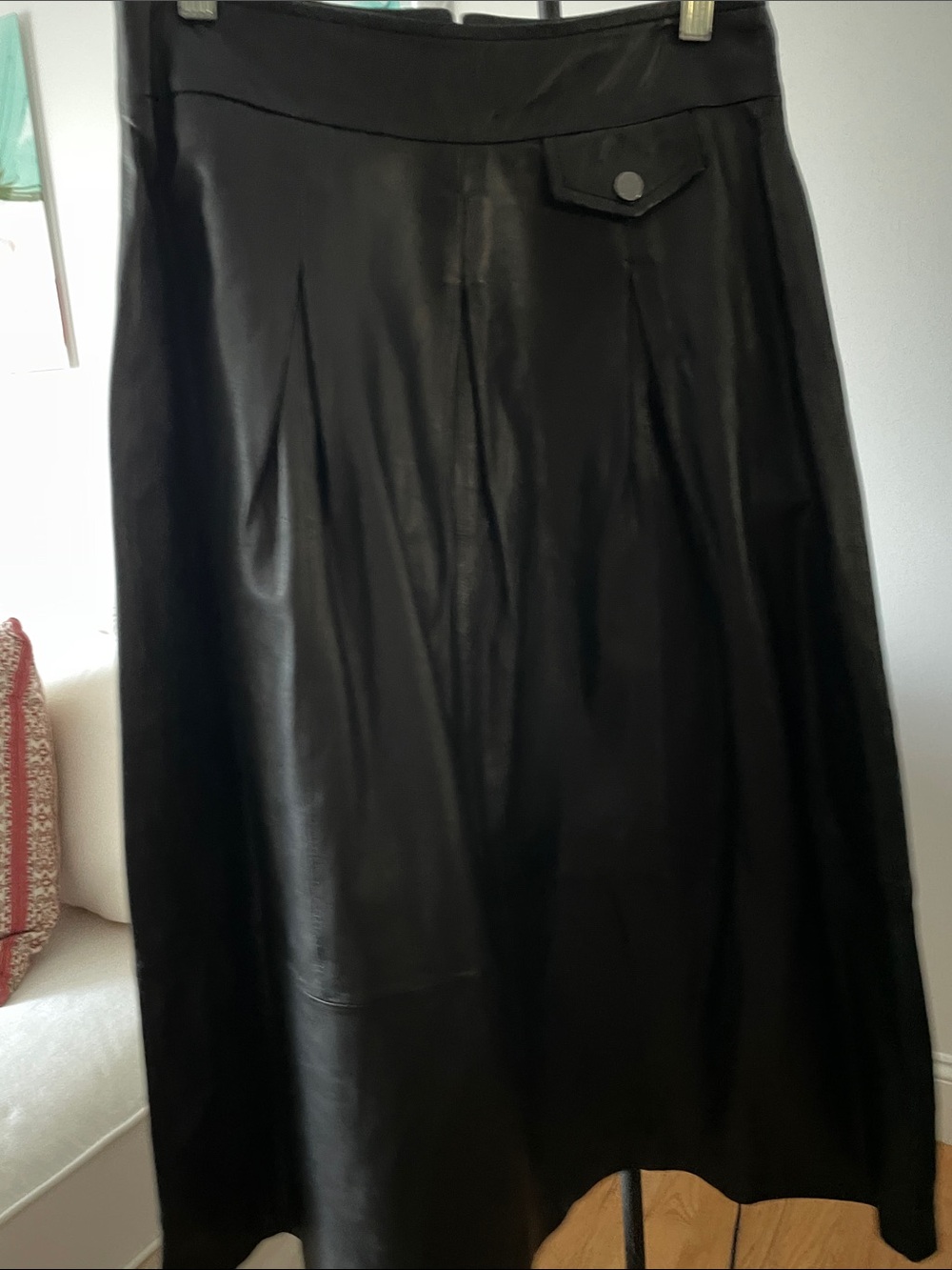 Black Leather Skirt with Pleated Panels